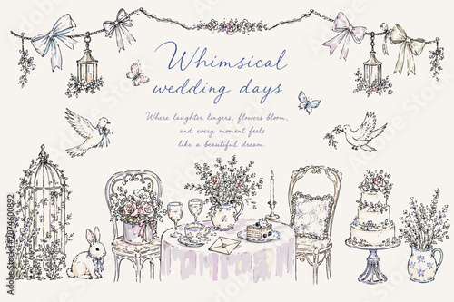 Whimsical Wedding Days Collection Hand Drawn Cottagecore Wedding Clipart with Vintage Tea Party and Romantic Floral Elements