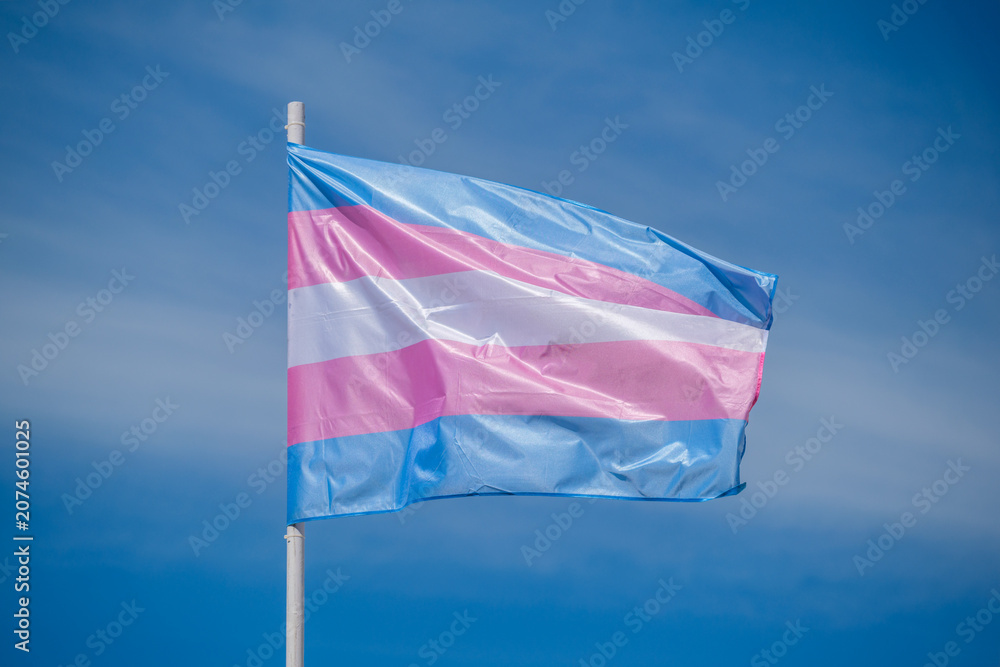 Fototapeta premium Trans flag colors and transgender pride flag wave above Lisbon, Portugal for an LGBT equality celebration, photographed in a simple outdoor scene