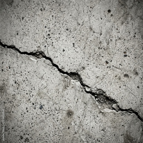 Large crack in grey weathered concrete surface.