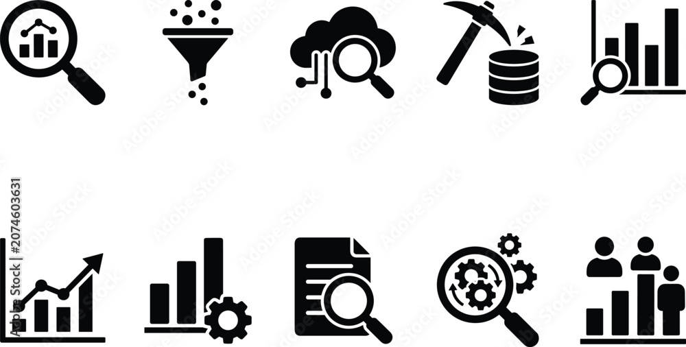 Fototapeta premium Data analysis and research icon set featuring charts graphs statistics filtering search and search optics.