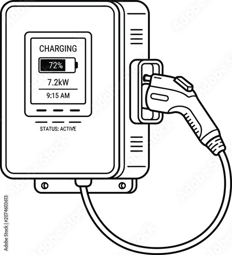 Electric vehicle wall charger station vector icon, EV charging point unit with status active screen, sustainable green transportation line art.