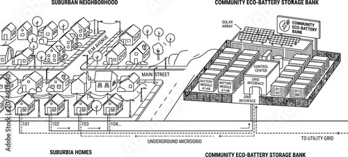 Smart neighborhood microgrid vector infographic, eco friendly community infrastructure with solar panels, sustainable urban planning line art icon.