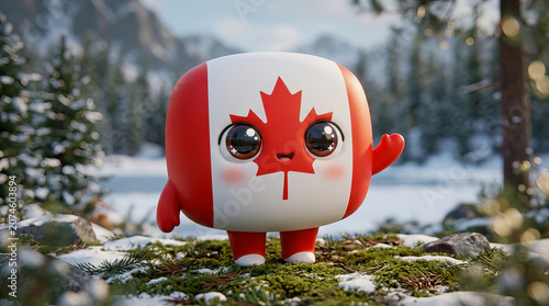 Cute Canadian flag mascot character standing in snowy forest landscape with pine trees and mountains
