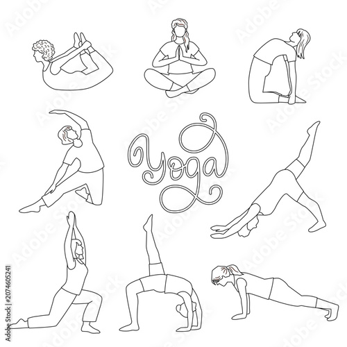 Yoga poses vector line art illustration. Set of people doing exercises with lettering text isolated on white background. Minimalist black outline design.