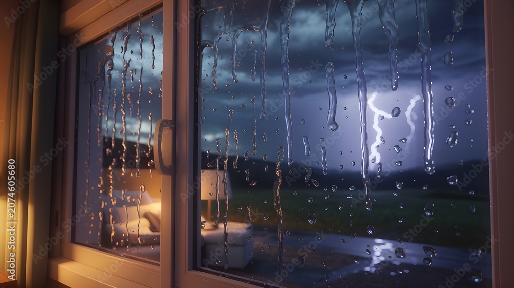 Naklejka premium Vista interior de un dormitorio acogedor a través de una ventana mojada por la lluvia, mostrando una espectacular tormenta eléctrica con rayos y nubes oscuras al atardecer