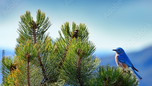 Mountain Bluebird A Brightly Colored Male Perches Atop The Lush New Growth Of A Pine Tree In High Elevation Habitat