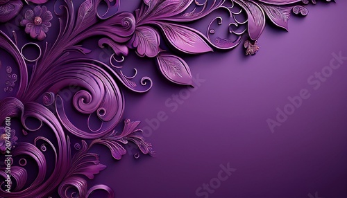 A Horizontal Purple Background With Ornate Darker Purple Embossed Floral And Scrollwork Designs Concentrated On The Left Half And Extending Into The Bottom Left Corner Generative Ai