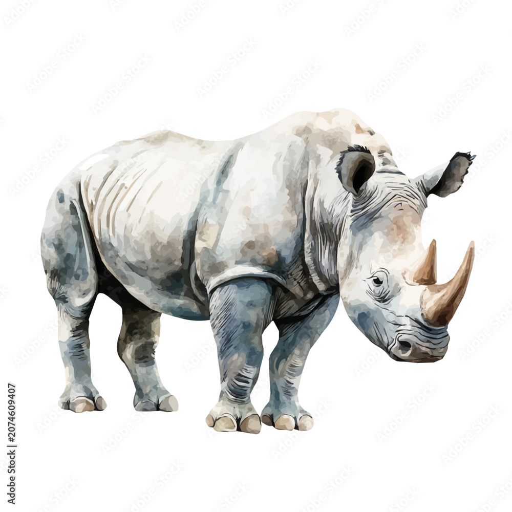 Fototapeta premium Rhinoceros, vibrant watercolor vector illustration with flowing and detailed brush strokes, isolated on a white background.