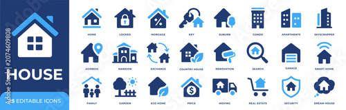 House icon set. Real estate symbol collection. Editable pictograms for home, property, mortgage, apartment, moving, renovation, security, garden and residential housing.