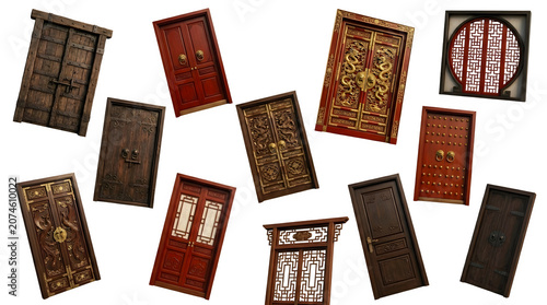 Collection of various traditional chinese and vintage wooden doors isolated on transparent background