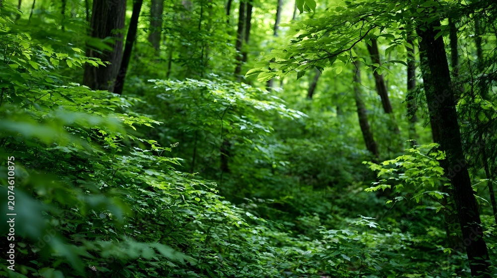 Naklejka premium A dynamic wide shot of a lush green forest showcasing abstract forms and organic shapes that infuse the scene with vibrant energy