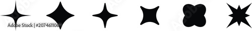 A horizontal array of various black four pointed sparkle shapes and shining star icons on white	