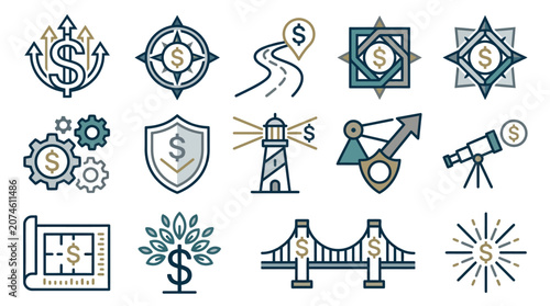Premium financial consulting logo design for IconaStudio featuring a sophisticated dollar sign integrated with strategic direction arrows and elegant corporate identity elements in a sleek p