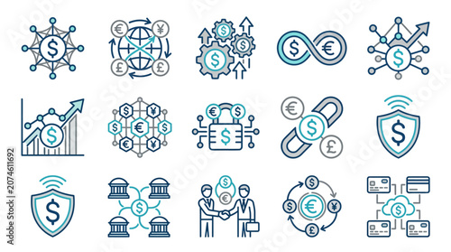 Exclusive Corporate Finance Network Logo Design Featuring Interwoven Global Currency Symbols and Sleek Modern Branding for IconaStudio Professional Identity