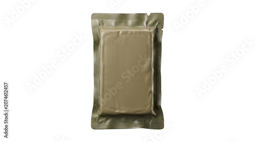 Vacuum-sealed olive drab emergency ration meal packet isolated on a transparent background. Ideal for military supplies, emergency preparedness, survival kits, outdoor adventures, camping, disaster re
