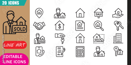 Konstfotografi Isolated real estate agent icons set, 20 editable line art icons set, real estat