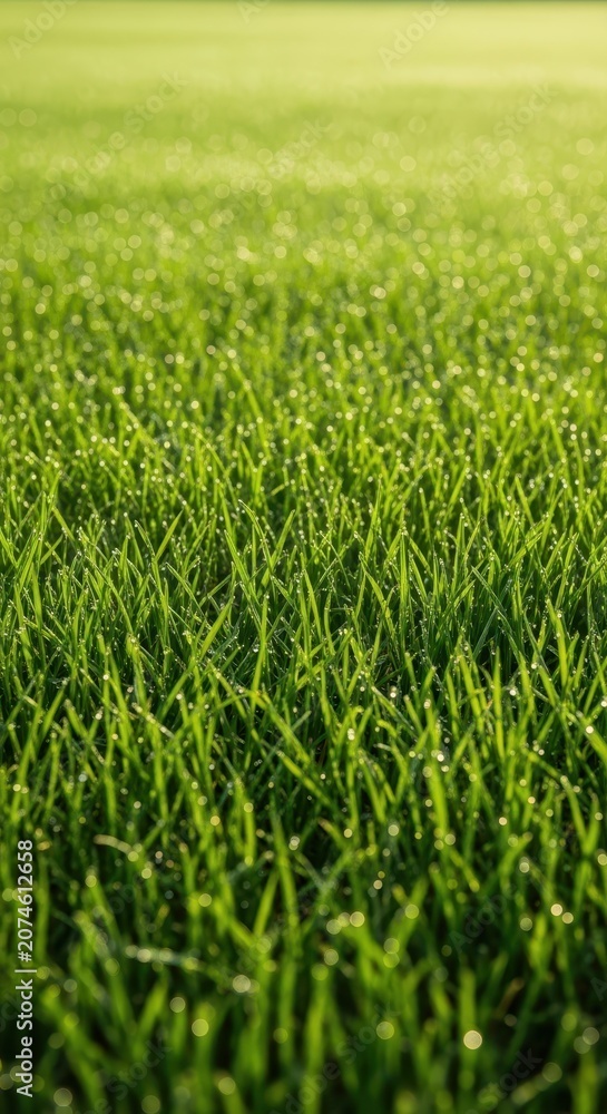 Obraz premium A perfect, manicured expanse of vibrant green lawn grass, viewed closely, showcasing rich texture and healthy growth under daylight, landscape, natural, dense