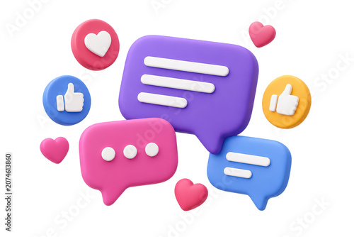 Colorful 3D social media chat bubbles and reaction icons