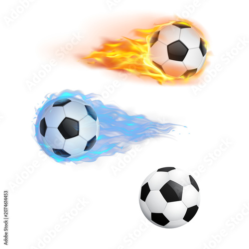 High-quality collection of realistic soccer balls featuring a blazing fire football, blue flame football, and classic soccer ball isolated on a transparent background. Perfect for football tournaments