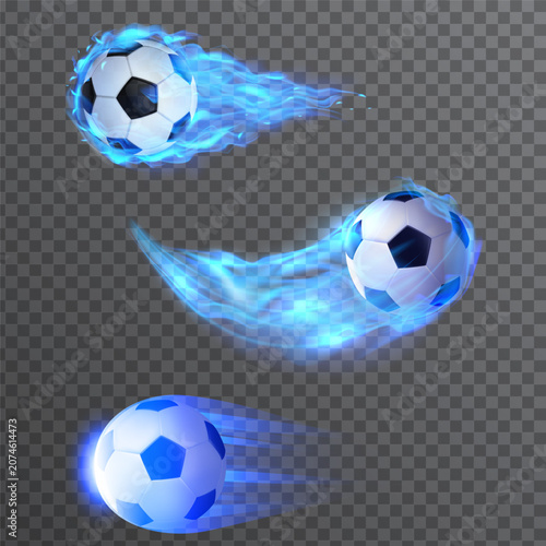 Collection of soccer balls with blue flame, glowing energy, and speed trails in multiple motion styles. Ideal for football advertising, sports posters, gaming assets, tournament graphics, action compo