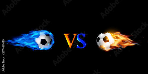 High-quality football versus concept showing a blue fire soccer ball competing against an orange flame soccer ball with glowing VS lettering on a dark background. Ideal for sports marketing, 