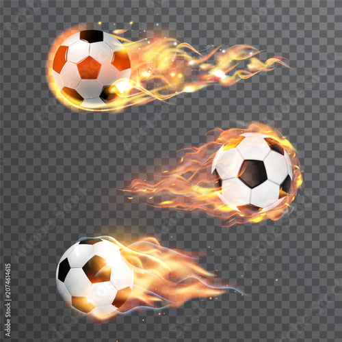 Premium collection of realistic soccer balls with glowing golden flame trails isolated on a transparent background. Perfect for football tournaments, sports branding, championship graphics, gaming, 