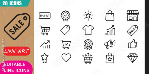 Quadro su tela Isolated bestseller icons set, 20 editable line art icons set, sold out, bestsel