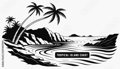 Obraz na plátně Very beautiful black and white vector of a TROPICAL ISLAND COAST with a bold lab