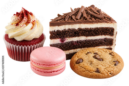 Assorted desserts with cupcake cake macaron and cookie