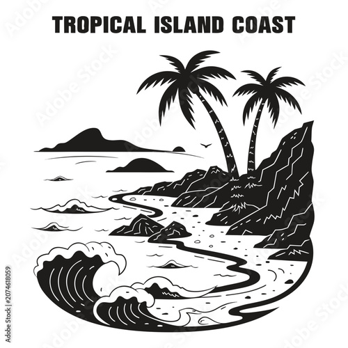 Tableau sur toile Very beautiful black and white vector of a TROPICAL ISLAND COAST with a bold lab