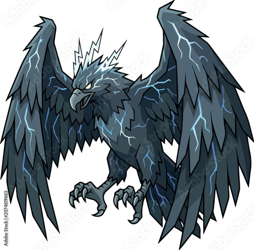 Storm Crow: Mythical black feathered raven bird beast with lightning sparks