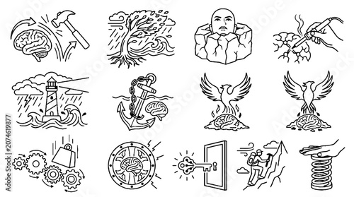 Collection of Hand Drawn Resilience and Mental Strength Concept Icons in Sketch Style.