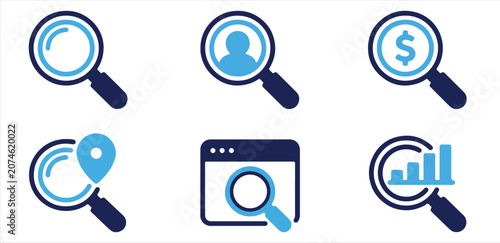 Search Magnifying Glass Icons Set for Business Data Analysis and Digital Marketing Strategy