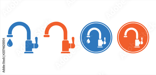 Water Faucet Icons Set, Modern Kitchen Sink Tap Vector Graphics for Plumbing and Home Design