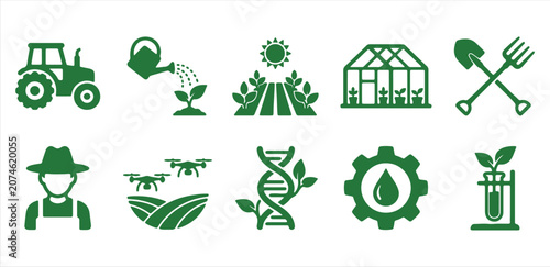 Agriculture and Smart Farming Vector Icons Set for Sustainable Food Production and Technology