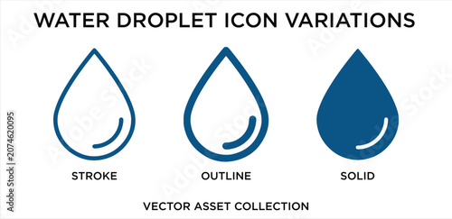 Water Droplet Icon Variations Set in Stroke Outline and Solid Vector Asset Collection