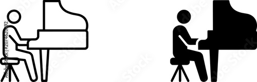 Person playing piano music icon set with musician performance instrument keyboard classical silhouette illustration isolated monochrome