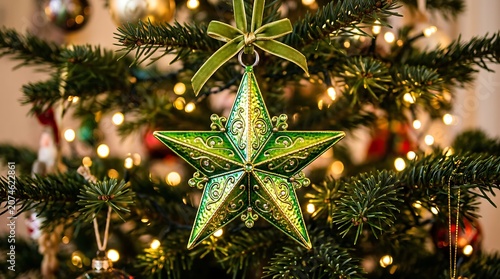 Green Star Ornament on Christmas Tree.