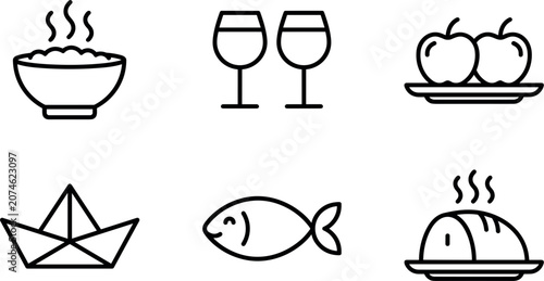Tableau sur toile Restaurant Dining and Healthy Meal Icon Set with Soup Bowl, Wine Glasses, Fish,
