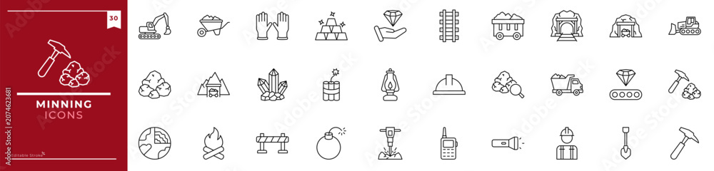 Naklejka premium Minning, Outline icons collection. Simple vector illustration. diamond, gold, truck, mine, mineral, coal, miner and more
