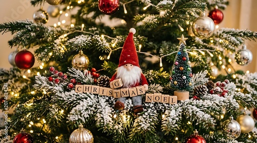 Christmas tree with gnome ornament closeup.