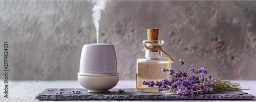 Essential oil diffuser with lavender flowers and fragrant bottle  