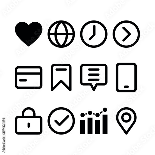 Grid of 12 minimalist monochrome UI icons including a heart, globe, clock, forward arrow, credit card, bookmark, chat bubble, smartphone, lock, checkmark, analytics chart, and location pin. 
