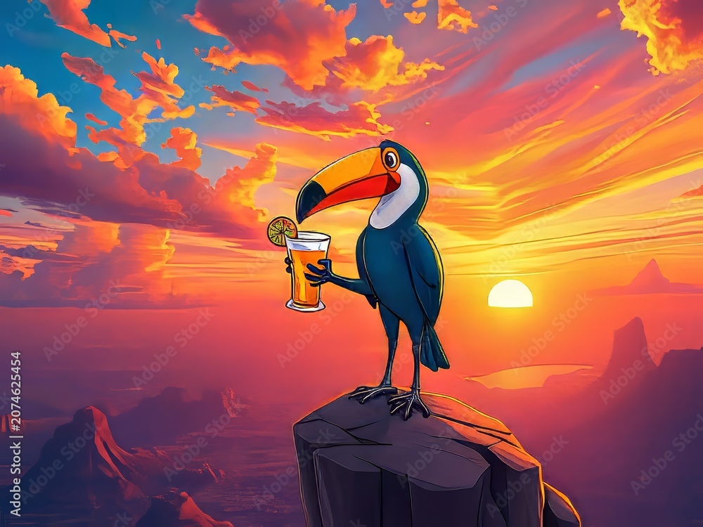 Fototapeta premium Toucan perched on cliff with beer.