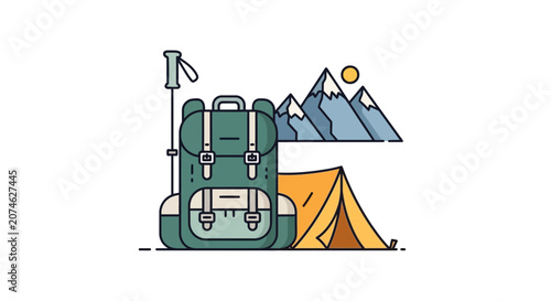 Hiking Gear: Backpack, Tent, and Mountains Illustration
