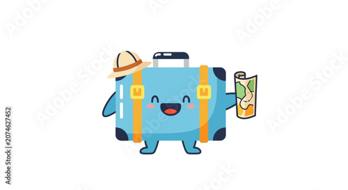 Happy Cartoon Suitcase Character with Map and Hat