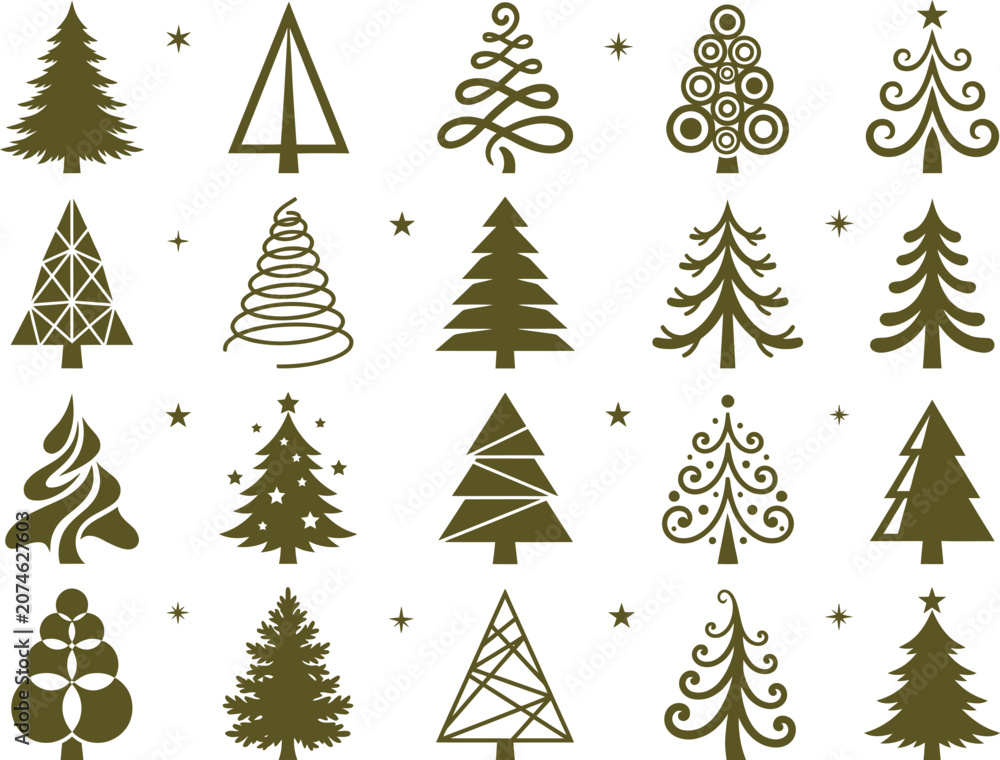 Obraz premium Set of various christmas tree designs for holiday decoration on transparent background.