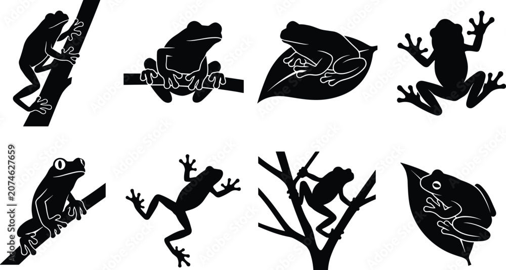 Obraz premium Frog Silhouettes Collection with Tree Frogs Climbing and Resting Isolated on White Background
