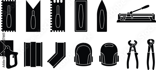 Fotografie Professional ceramic tile laying flooring installation construction hand tools i