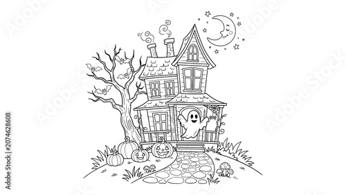 A haunted house with a ghost, pumpkins, and a crescent moon isolated on a transparent background